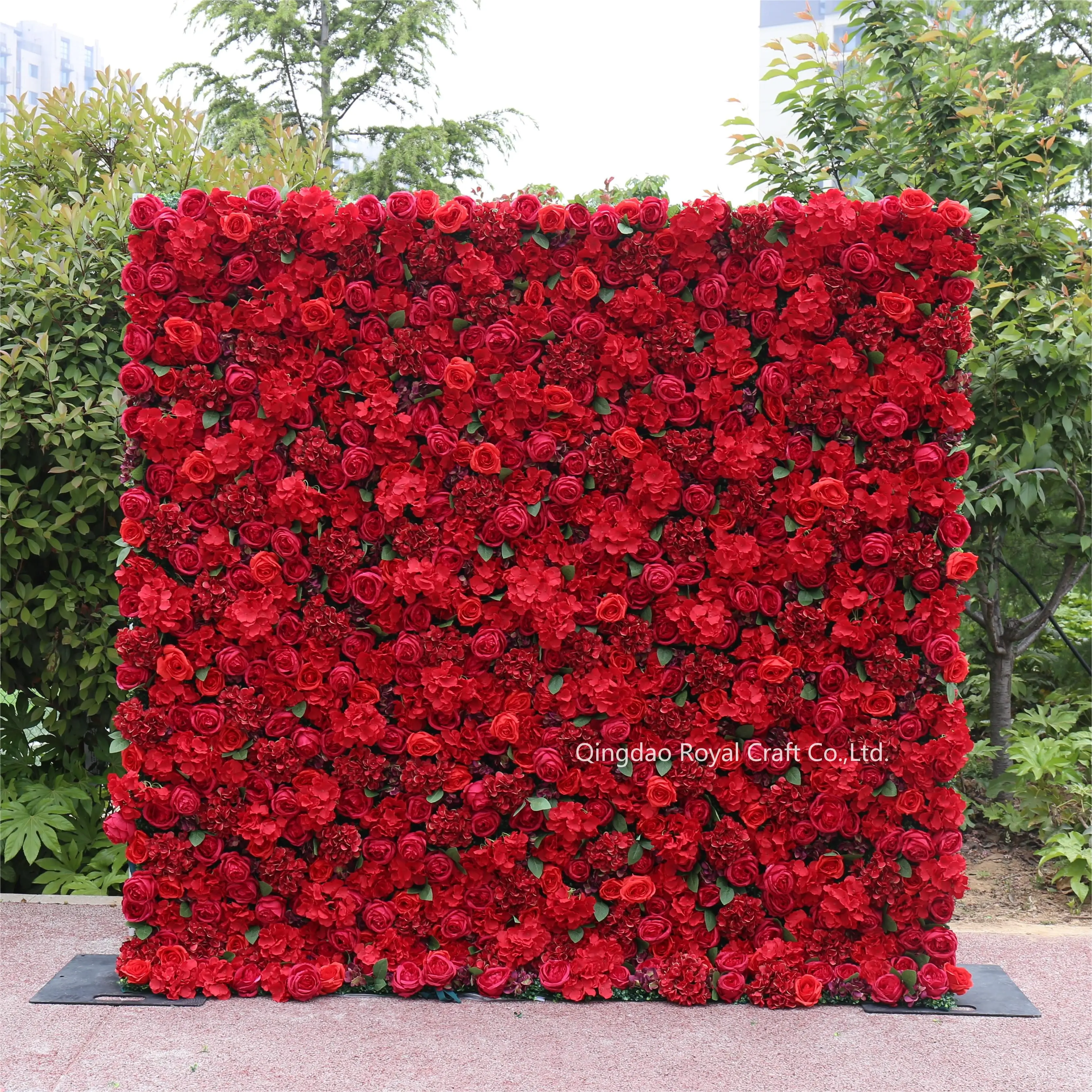 customized size and design whole sale price fabric roll up new red rose flower and green flower wall wedding backdrop