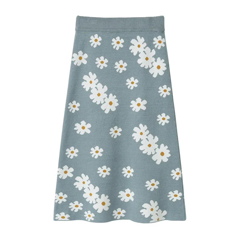 Girls knitted floral bag hip pencil skirt Japanese gentle retro high waist casual close-fitting printed knit women long skirt