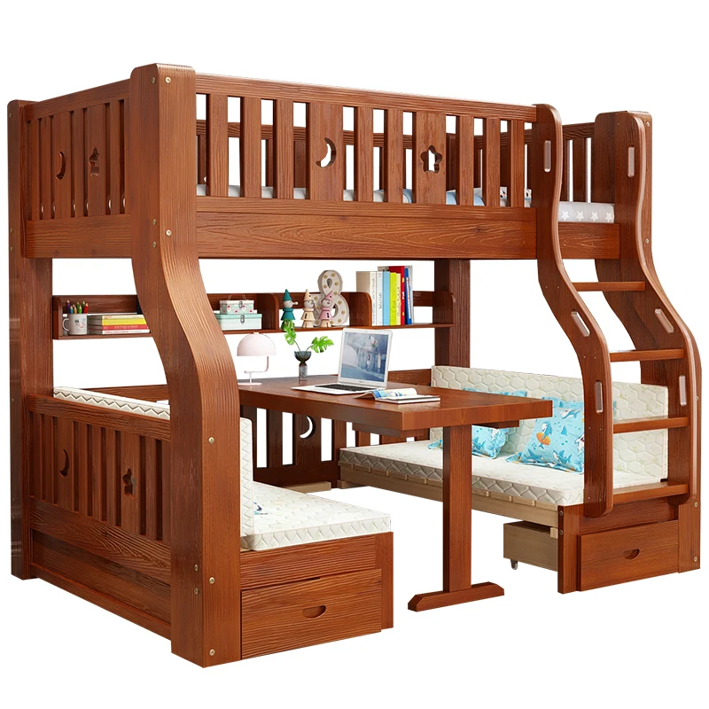 
Solid Wood Toddler Kid Boy Loft Adult Bedroom Furniture Set Double Bunk Beds With Desk 