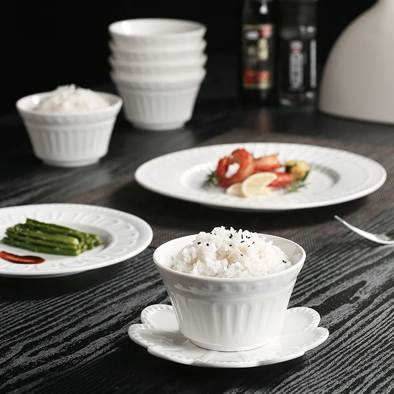 Elegant Embossed Design White Ceramic Dinner Plate Set