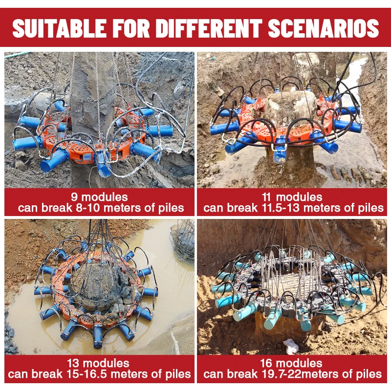 Multifunctional round pile breaker with unique and user friendly modular design capable of breaking piles from 1650-1800mm