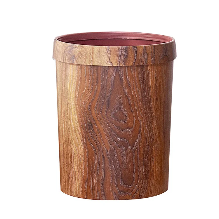 Office Plastic Wood Grain Garbage Can Trash Can Waste Bins Retro Rubbish Bin With Pressure Ring