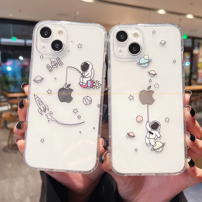 Transparent Creative Astronauts Cartoon Soft TPU Silicone Phone Case Back Cover for iPhone 11 12 13 14 Pro Max