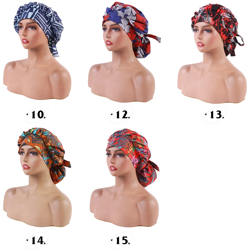 New Design Cotton Tropical Leaves Print double Layer Satin Lined Medical Surgical Cap With Long Thin Strip