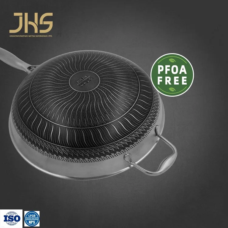 Manufacturer High Quality Tri Ply 304  Stainless Steel Non Stick Coating Honeycomb Wok With Stay Cool Long Handle