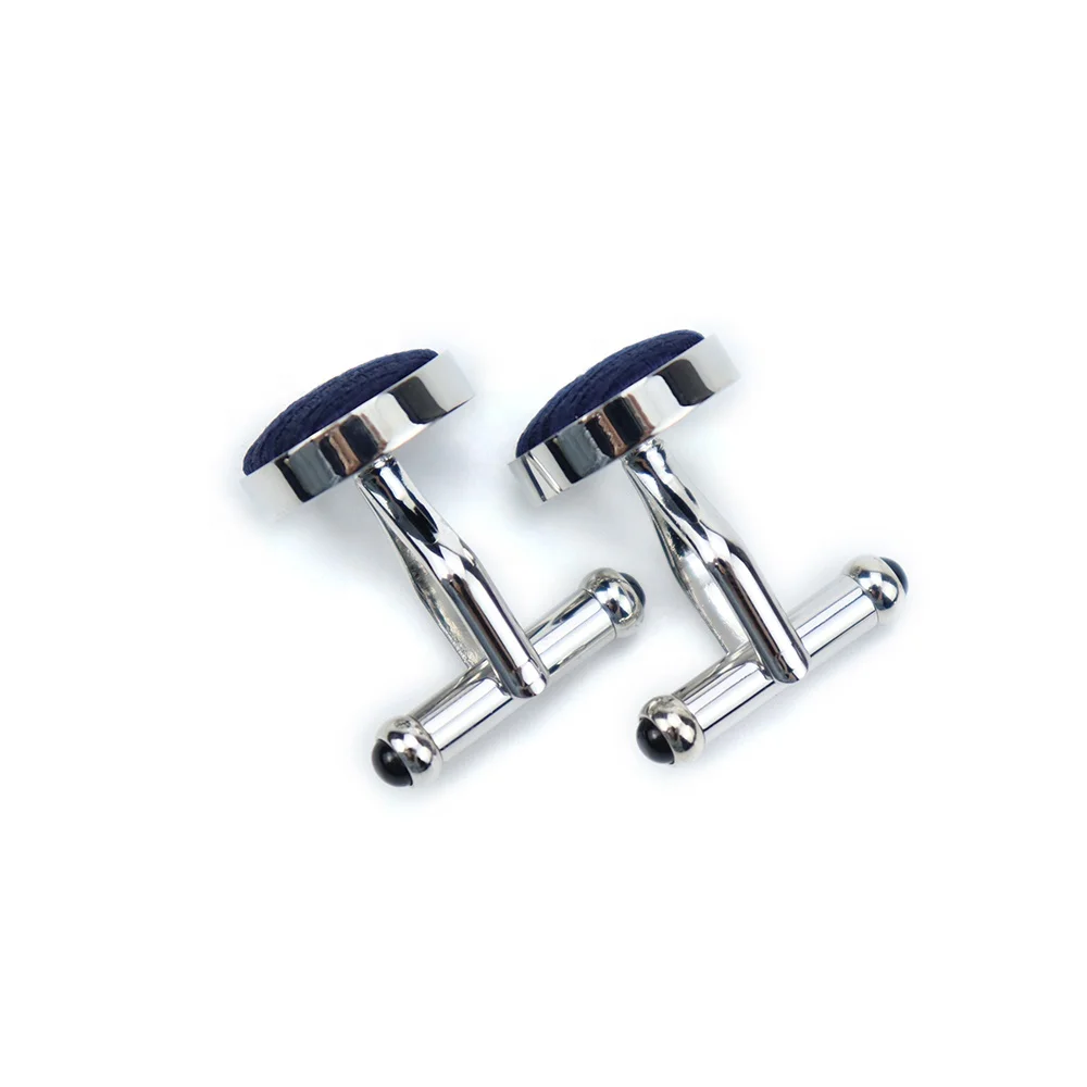 Dark Blue Geometric Design Stainless Steel Round Shape Cufflink High Quality Hand Made Silk Fabric Cufflinks Custom