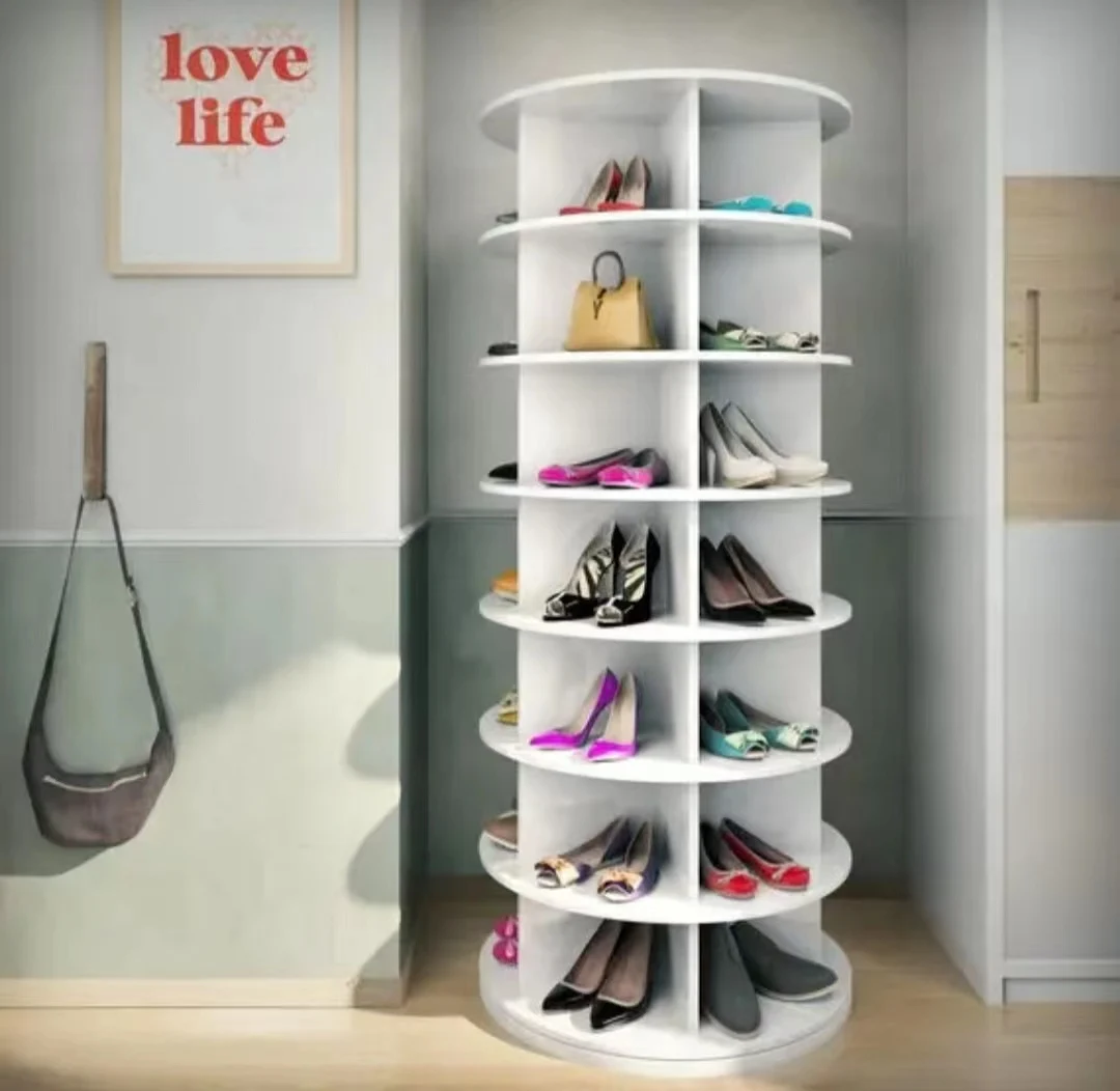 360-degree rotation 7 floors high Large 360 rotating shoe rack radius Living room furniture PVC Material Shoe Racks