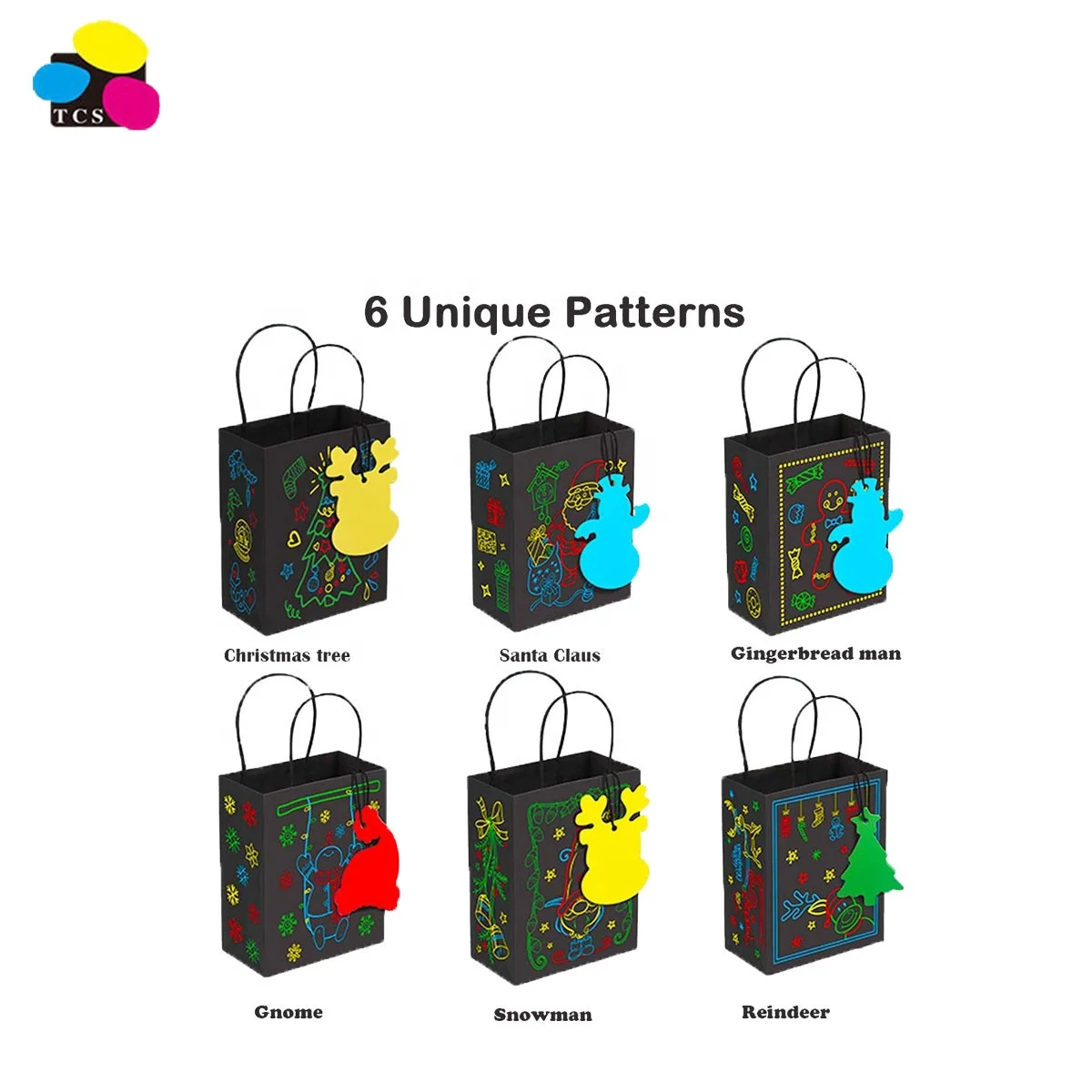 Made in China Glow in The Dark 4 Large/5 Medium/7 Small Christmas Paper Bags With Tags