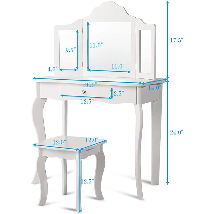Detachable Design Kids Wooden Vanity Table and Stool Set Princess Makeup Dressing Table