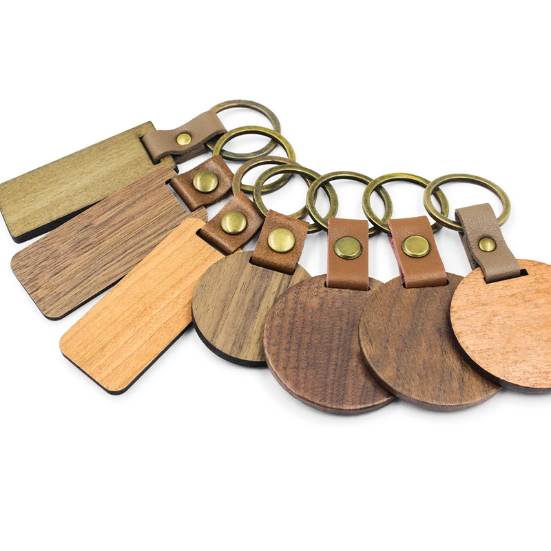 Custom Hot Sale Blank Rectangle Shape Olive Wooden Key Chain Etched Laser Dark Color Wood Key Ring Engrave Wood Keychain