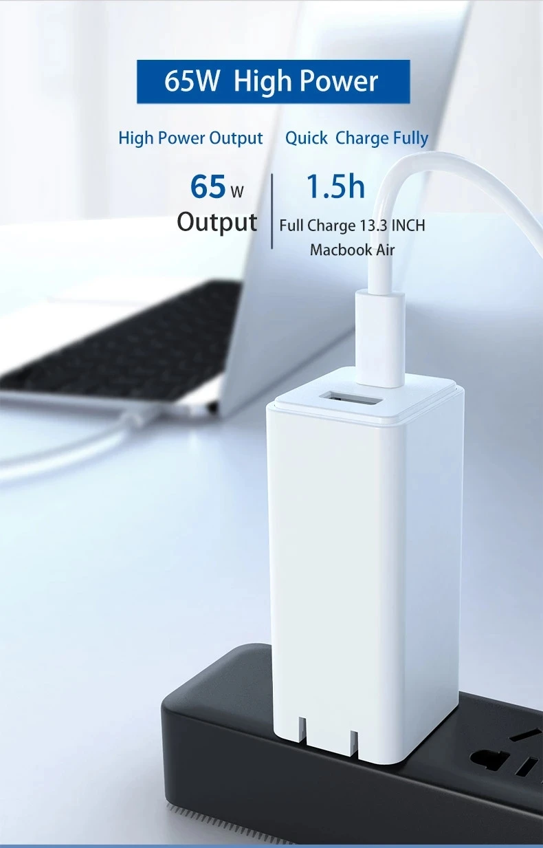 GaN Technology 65W Mini Wall USB Charger Mobile Phone Usb-c PD Charger for Cellphone for MacBook for iPad  for Microsoft surface