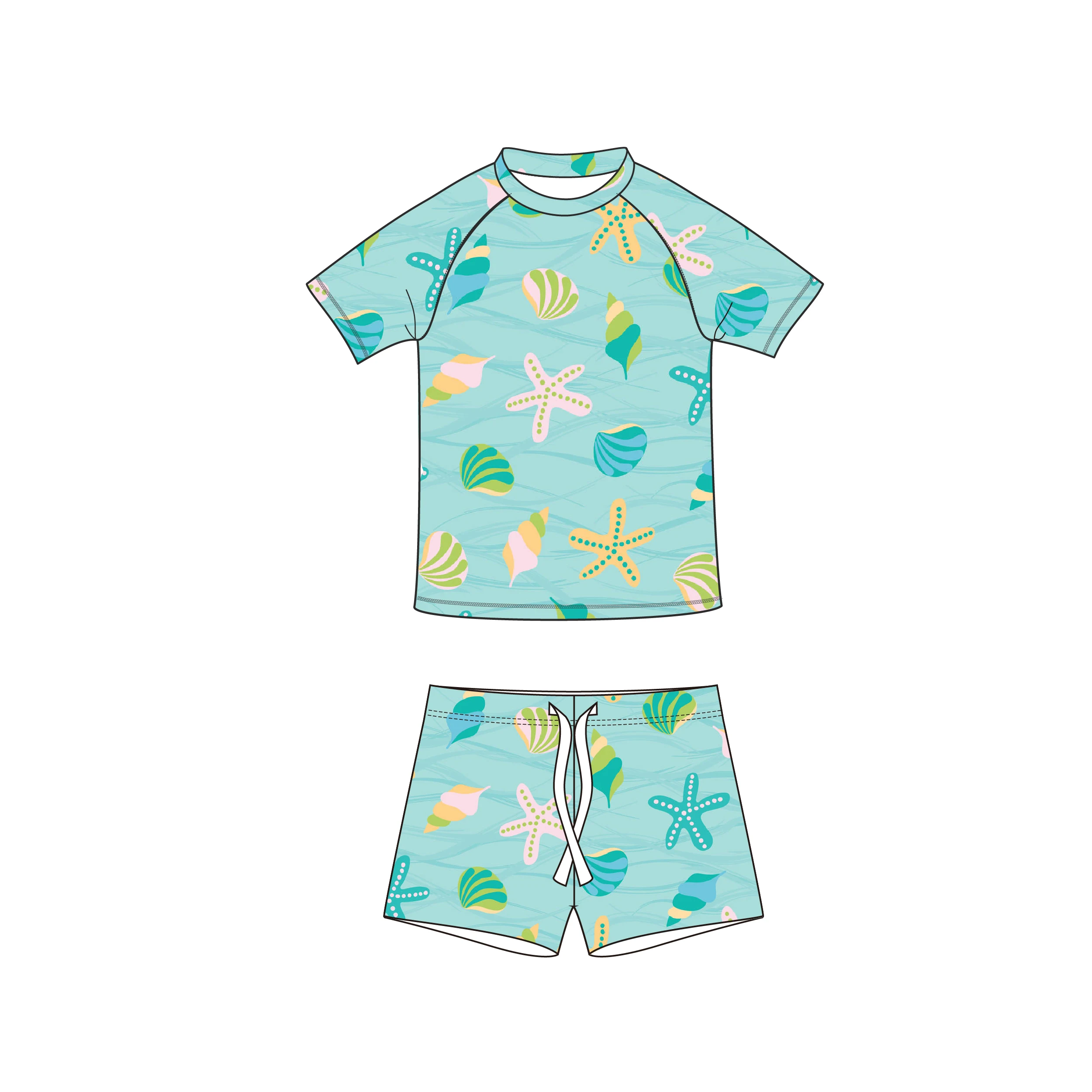 Custom Short Sleeved 2 Pieces Kids Bathing Suit Solid Color Cartoon Print 0-3Year Boys Swimwear