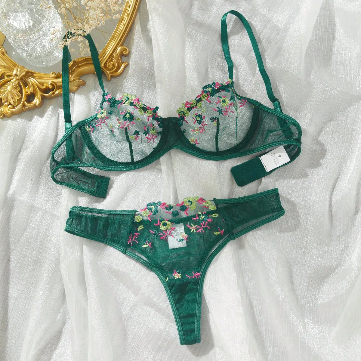 Lace Grenadine Material Transparent Lingerie Women Sexy Underwear Bra Set floral lengery
