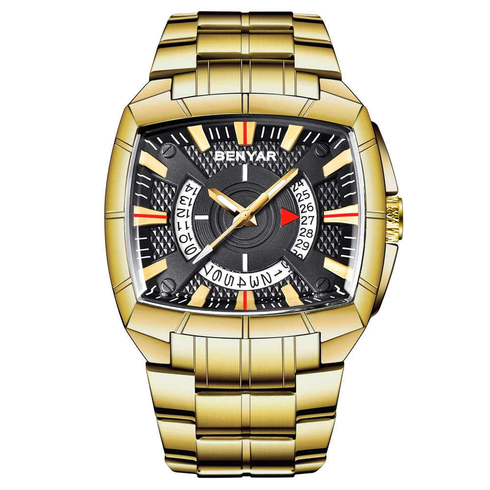 Benyar 5130 square shaped man watch Quadratische Mannuhr big square face gold plated stainless steel chain wrist watch for man
