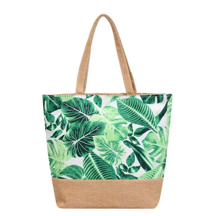 Hot Selling Trend Cotton Linen Summer Beach Towel Tote Large Capacity Shopping Bags Tropical Print Handbag For Lady