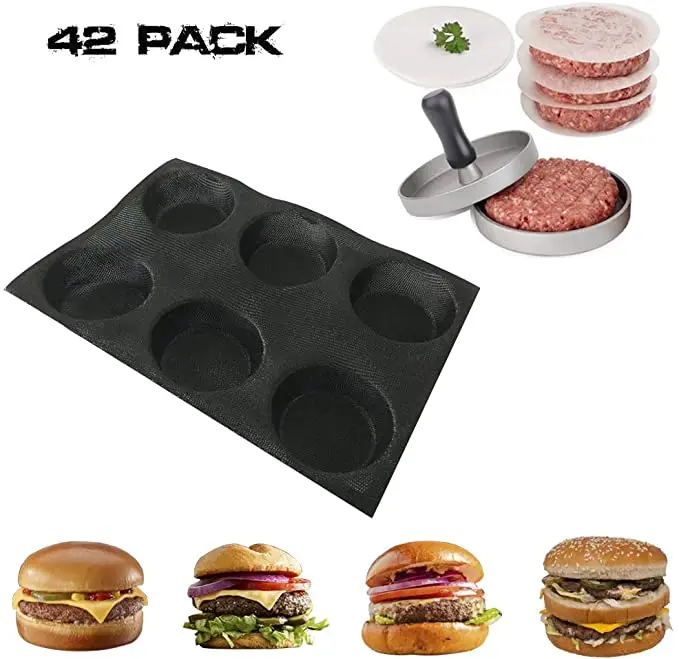 Silicone Bread Forms Non-stick 6 Cavities Round Hamburger Buns Silicone Perforated Bread Forms with Metal Meat Press