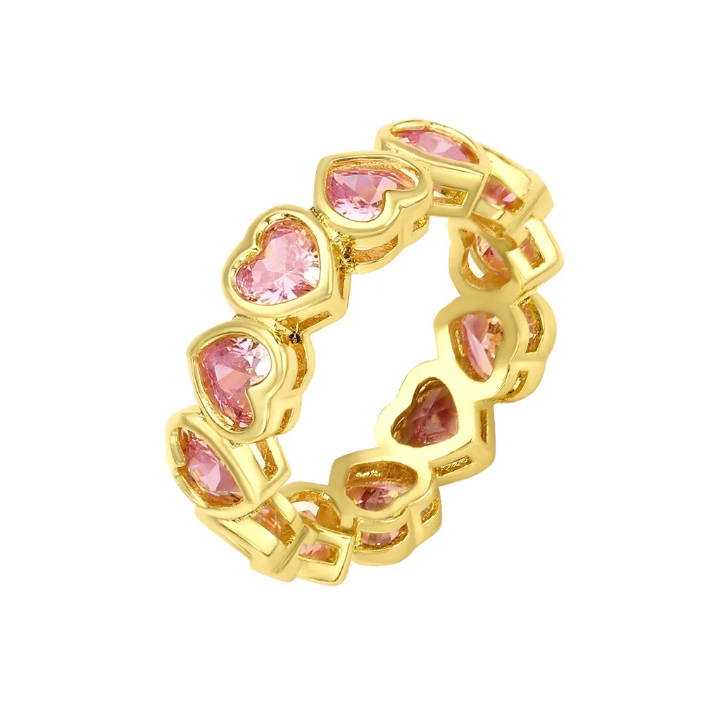 2024 Fashion Love Heart Ring Multi Colors with Gold Plating Romantic Pink Green Blue Love Gemstone Ring High Quality Brass Jewel