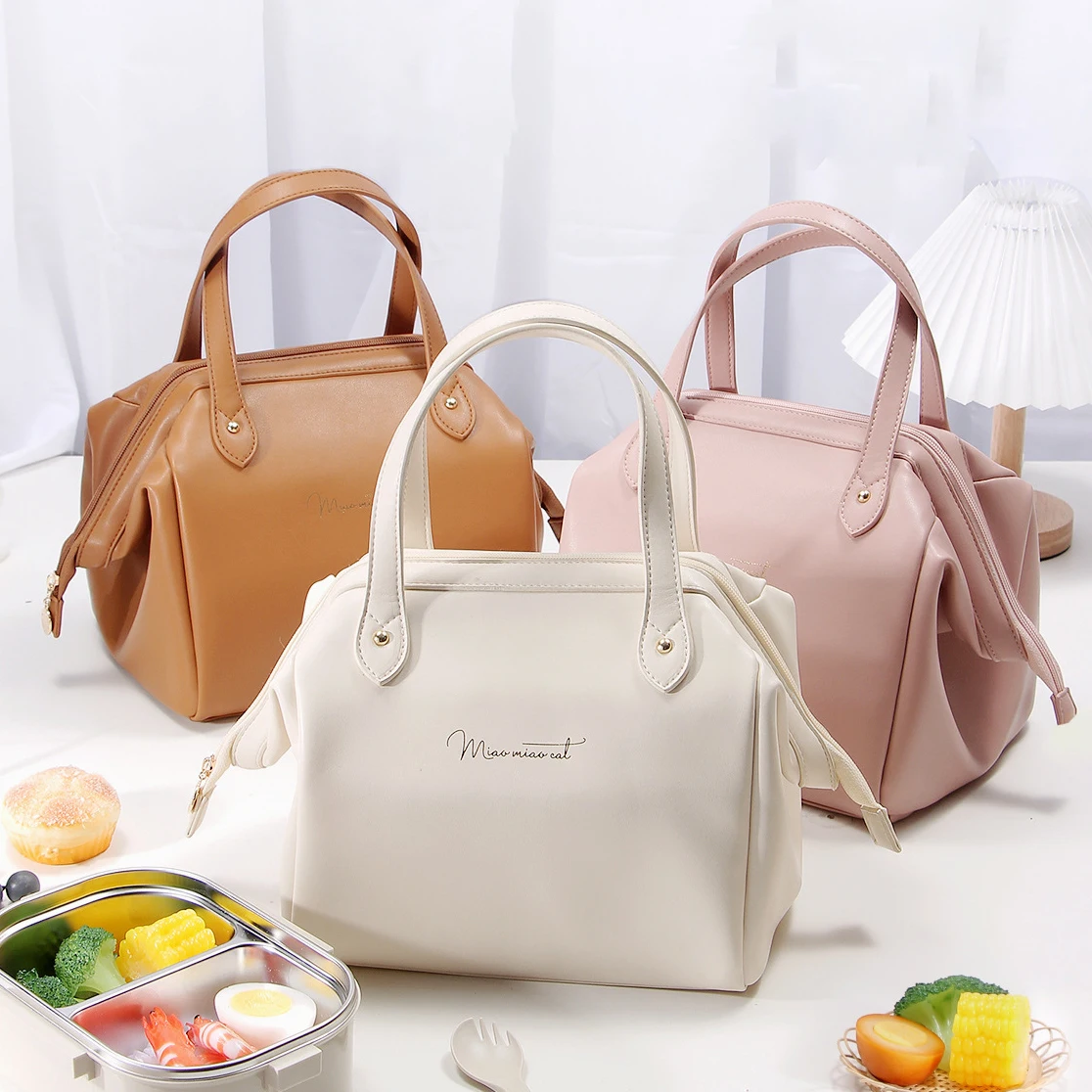 Waterproof Lunch Bags PU Leather Bento Thermal Bags for Women Large Capacity Outdoor Insulated Handbag Fashion Cooler Bags