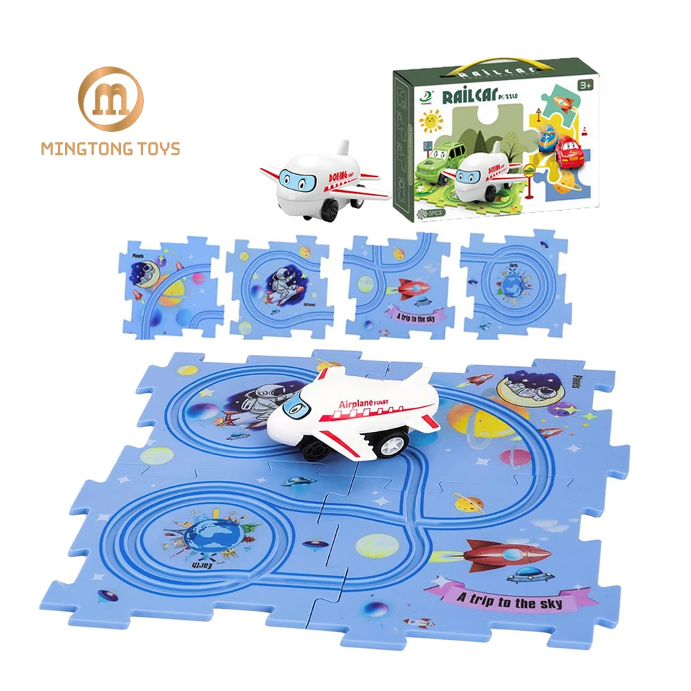 Wholesale Novelty Cheap Jigsaw Railway Vehicle Set 5pcs DIY Assembly Plastic Airplane Road Puzzle Track Car