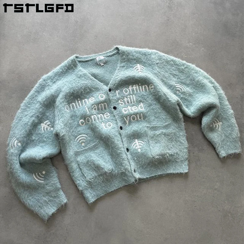 Clothing Manufacturer Custom Men Knitted Sweater Fuzzy Long Sleeve Knitwear Winter Sweater Embroidered Mohair Cardigan