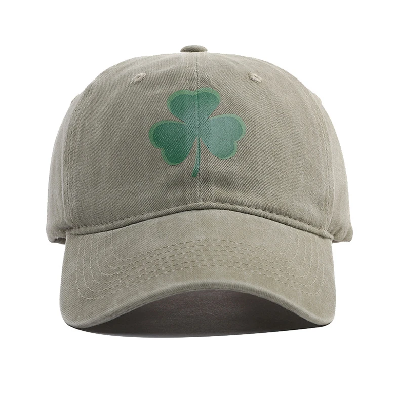 Custom Wash Cotton 3 Leaf Clover Shamrock Dad Hats Printing Clover Pattern Cap For Men & Women