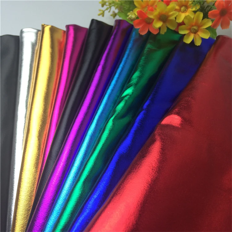 Wholesale Brocade Shinny Two Way Stretch 100 Polyester Knit Crystal Colorful Silk Lurex Metallic Foil Coated Fabric