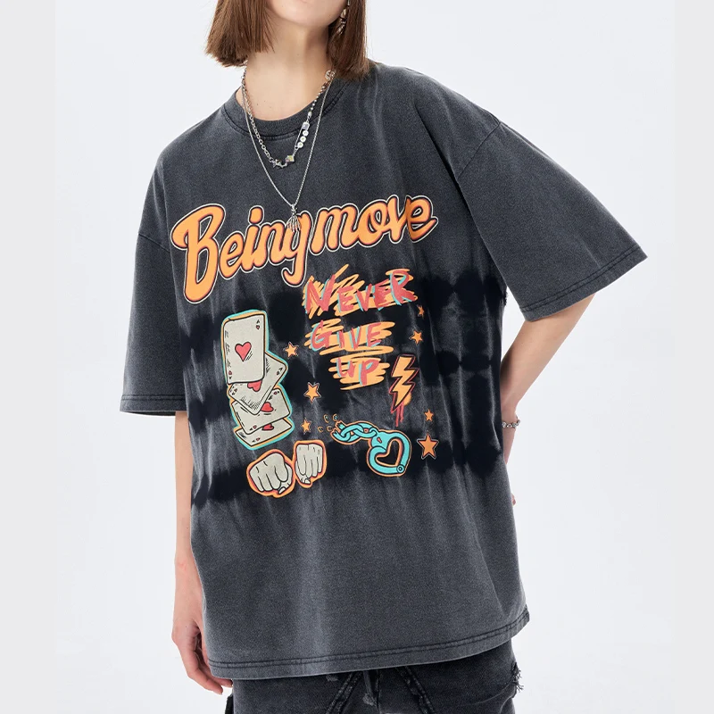 custom Playing cards vintage Tie-dye washed screen printing unisex t shirt