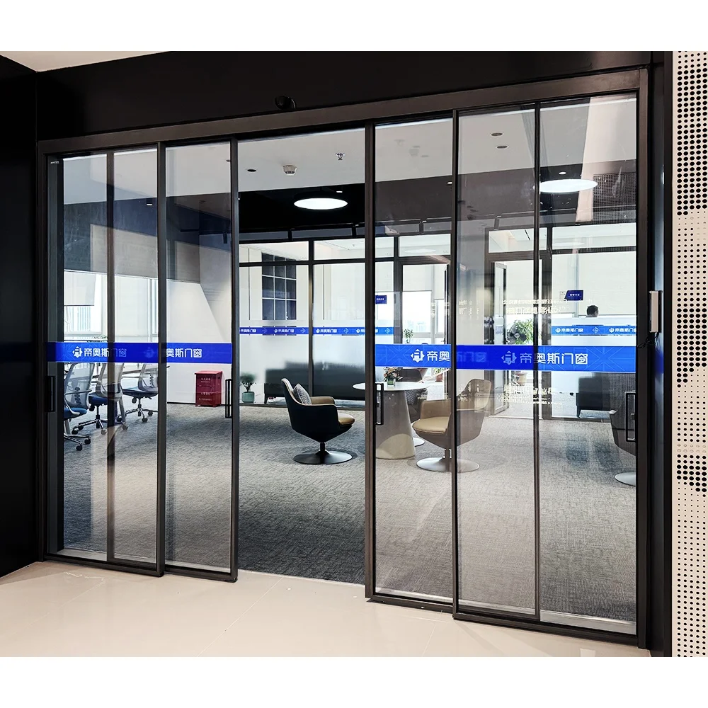 Custom exterior panoramic modern black slimline automatic aluminum sliding glass door