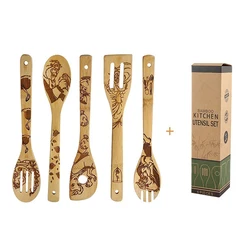 Wholesale Flat Large Long Handle Kitchen Tool Utensils Scraper Slotted Spatula Serving Pot Bamboo Spoon Set For Cooking