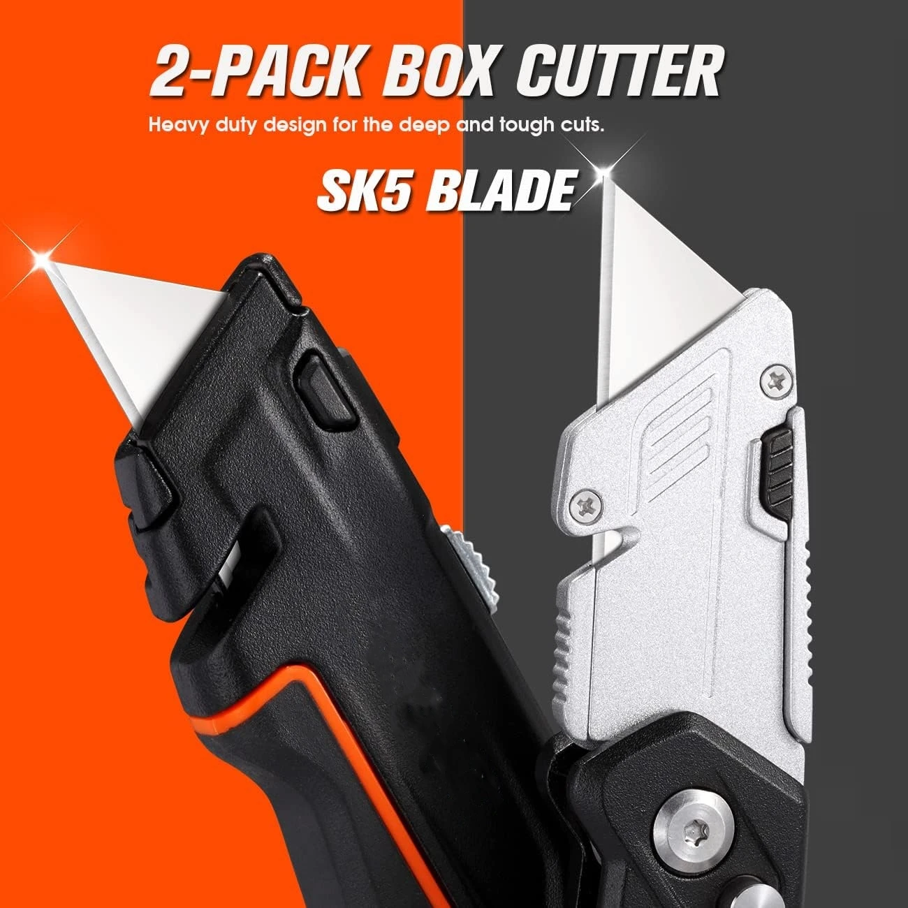 2 Pack Folding Utility Knife Set EDC Box Cutter with Safety Axis Lock Belt Clip Quick-change Blade Mechanism