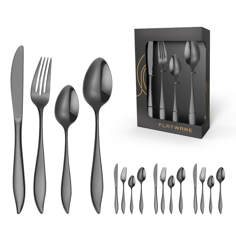 Luxury Mirror Black Restaurant Wedding Portable  16pcs Knife Spoon Fork Flatware Stainless Steel Cutlery Set With window Box