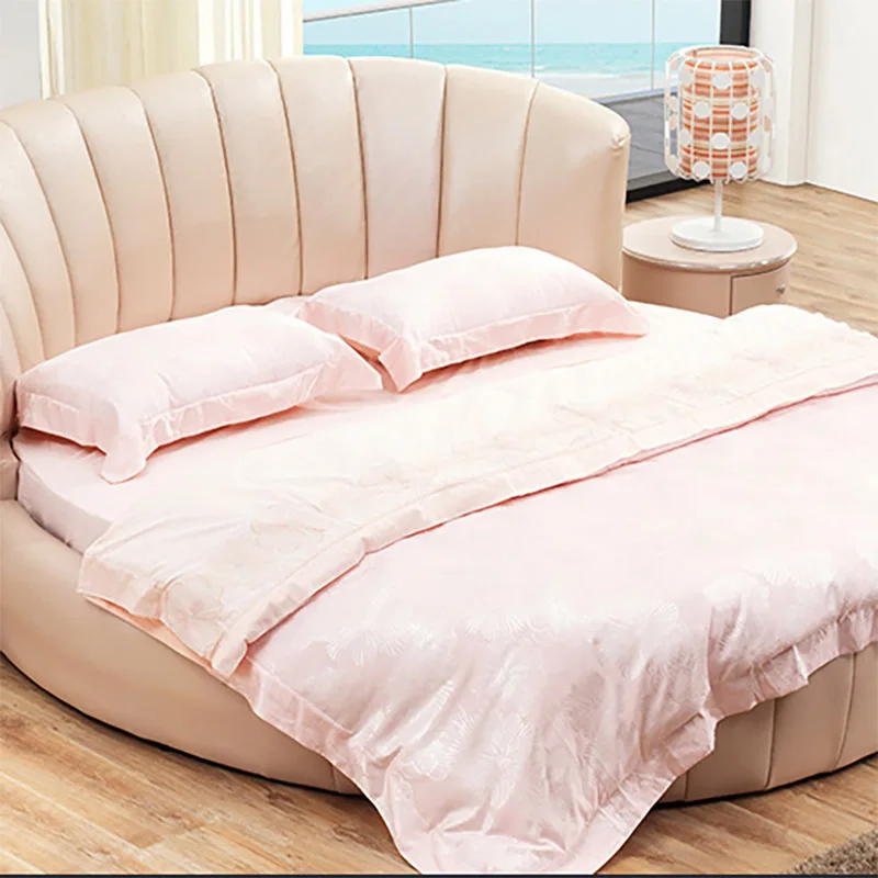 Design Tall Luxury Upholstered King Round Bed Leather Camas Redonda Grande Brown King Size Circle Bed Frame With Storage