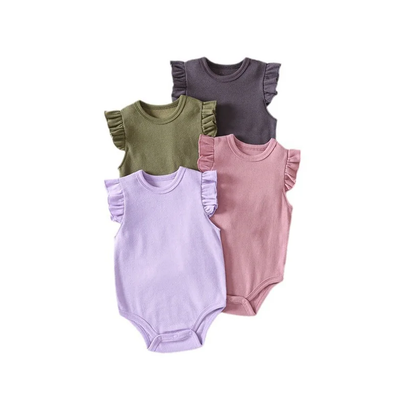 Summer Baby Clothes Solid Color Pure Cotton New Baby Fly Sleeves Romper Bodysuit Unisex Infant Boy Girls Clothes