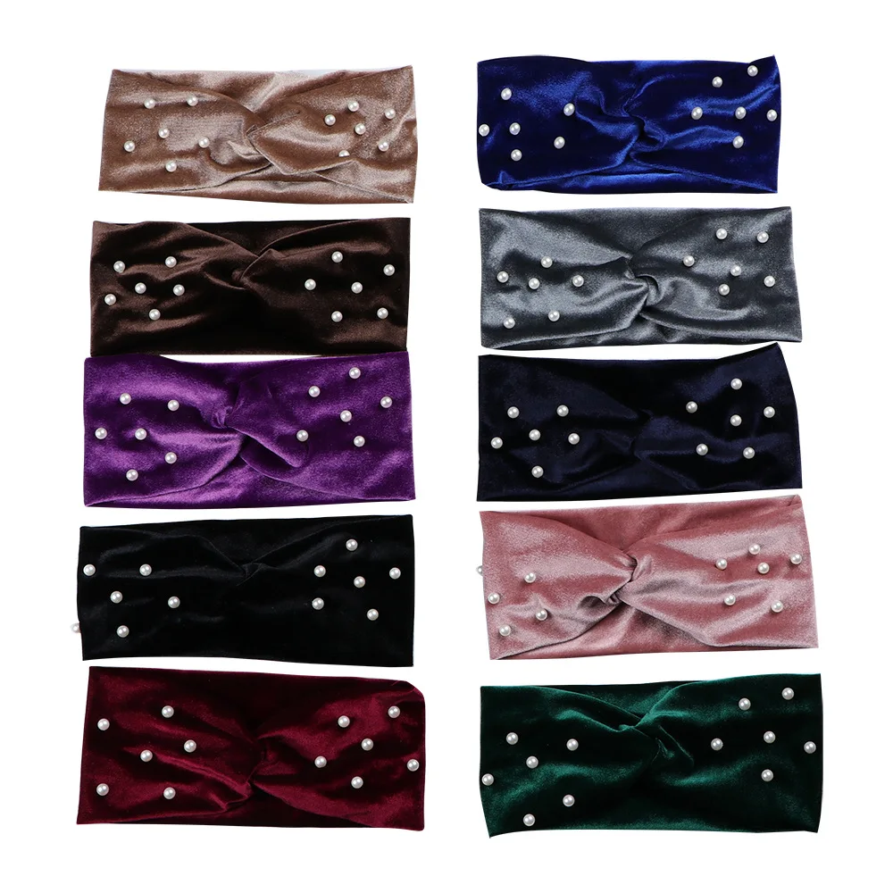 Pearl Knitted Cross Headbands For Women Girls Handmade Hair Accessories Autumn Winter Headwear Ear Warmer Elastic Hair band