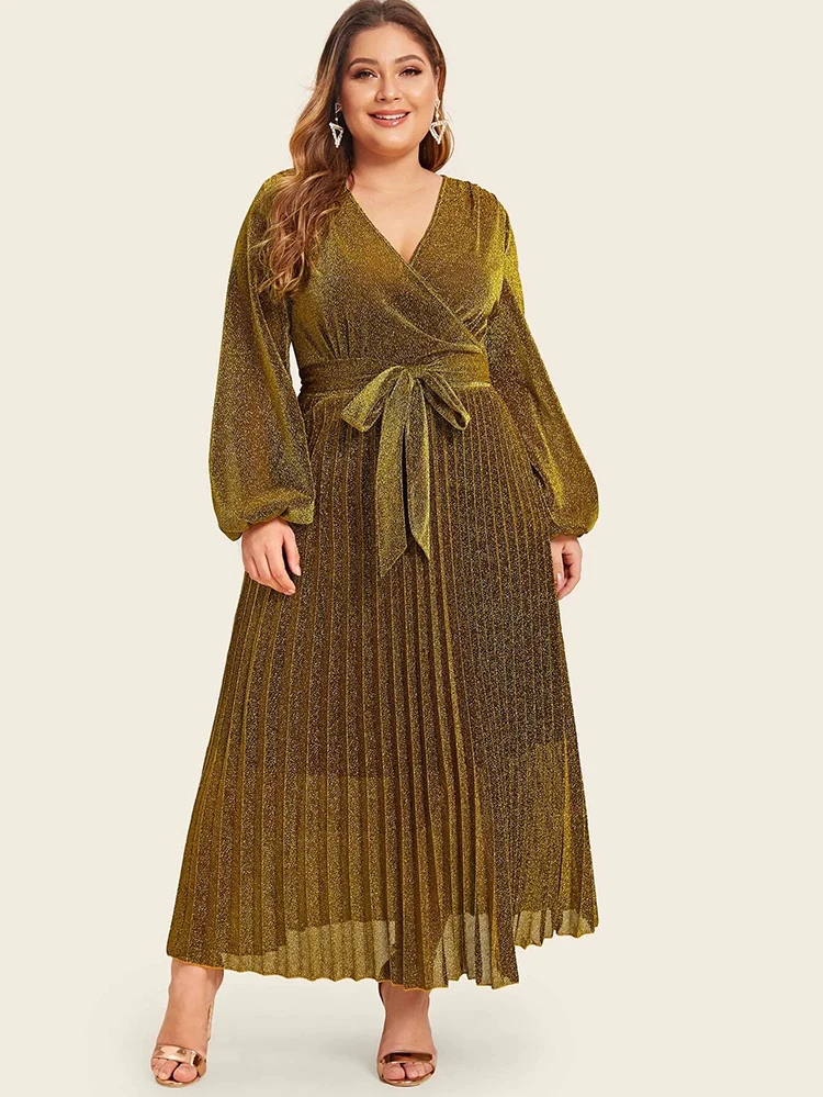 Yindian OEM Fashion party evening dress Ladies long bishop sleeves Shiny Pleated With Belt plus size Dress