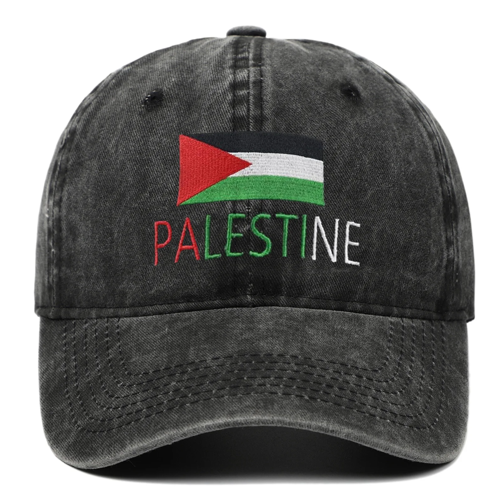 Outdoor Washed Denim Embroidery Palestine Flag Baseball Cap Custom Logo Duck Tongue Cap Sunscreen Sunshade Cap