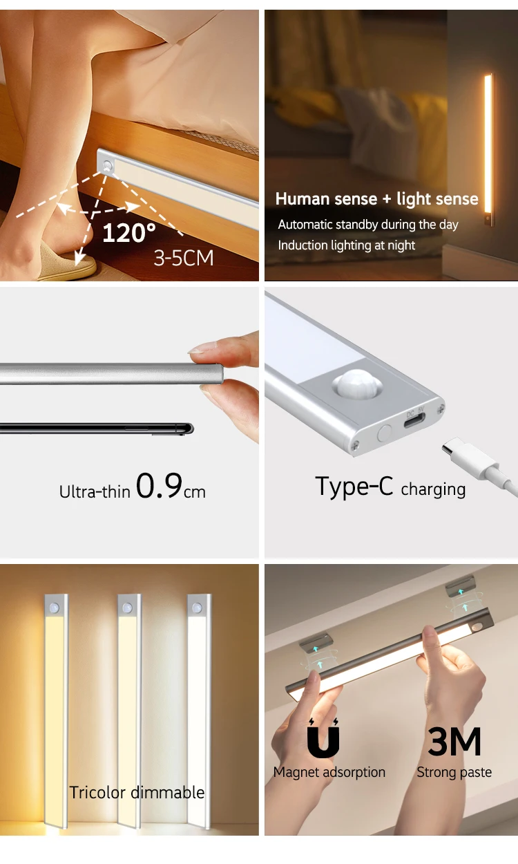 Ultra Slim Human Body Sense Lamp Dimming Led Under Cabinet Lights Indoor Battery Powered Motion Sensor Wireless Led closet Light