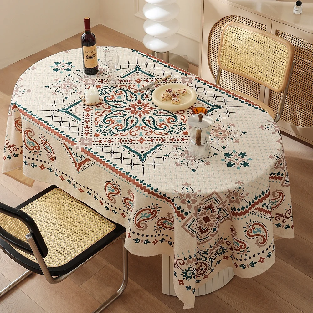 High Quality Faux Linen Square Rectangular Tablecloth Geometric Jacquard Colorful Printed Table Cover for Kitchen Dinning Room
