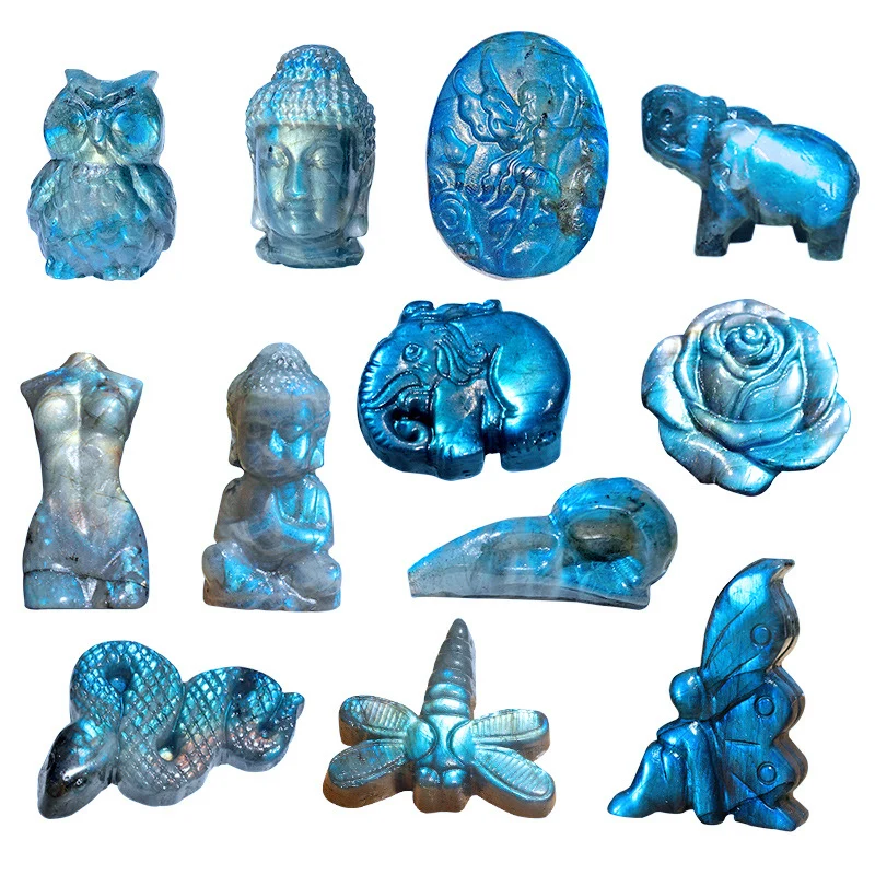 Natural Carving Crafts Crystal Animal Statue Fairy Model Labradorite Crow Skulls Sculpture
