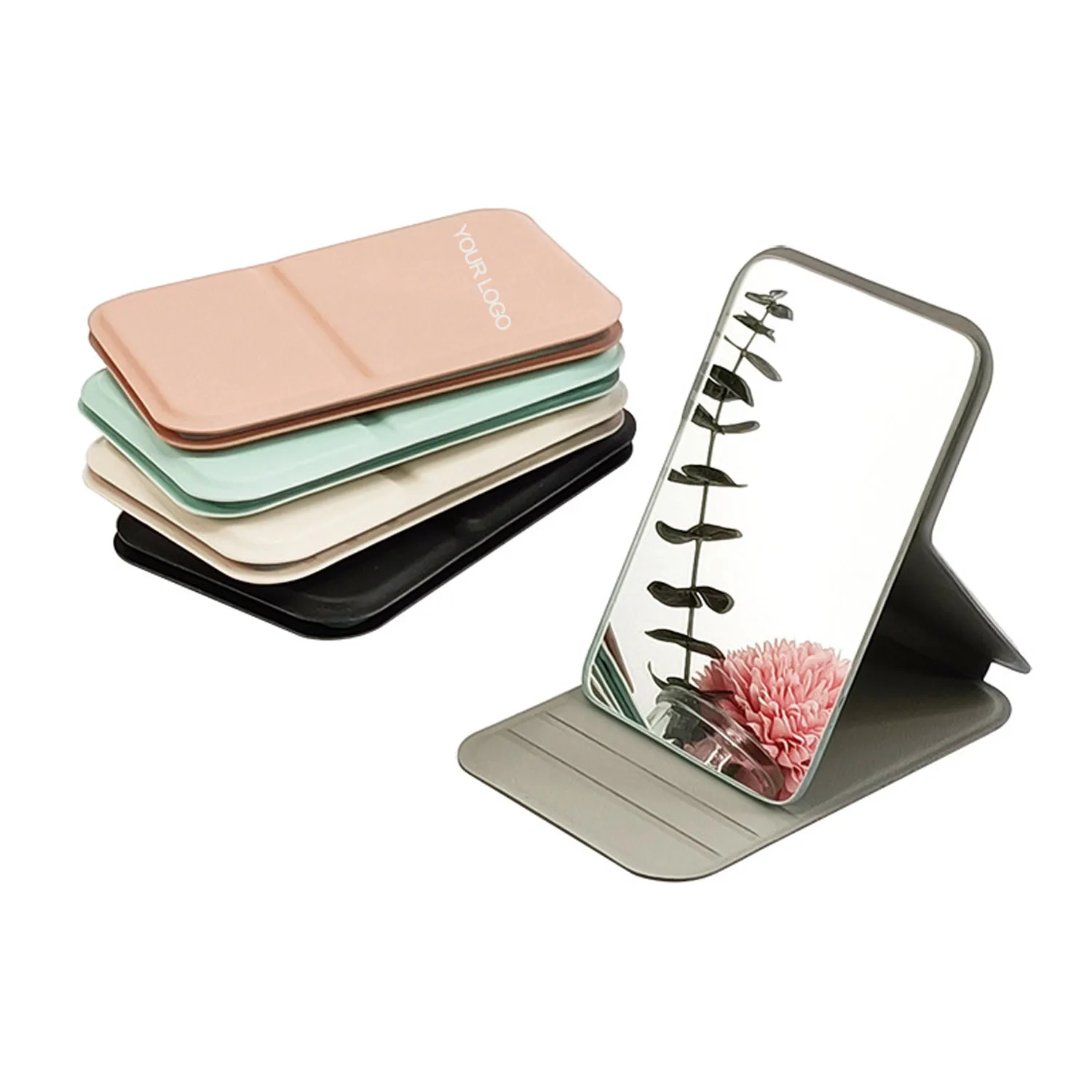 2024 High Quality Folding White Pu Leather Pocket Mirror  Portable Standing Travel Pu Compact Mirror For Make up
