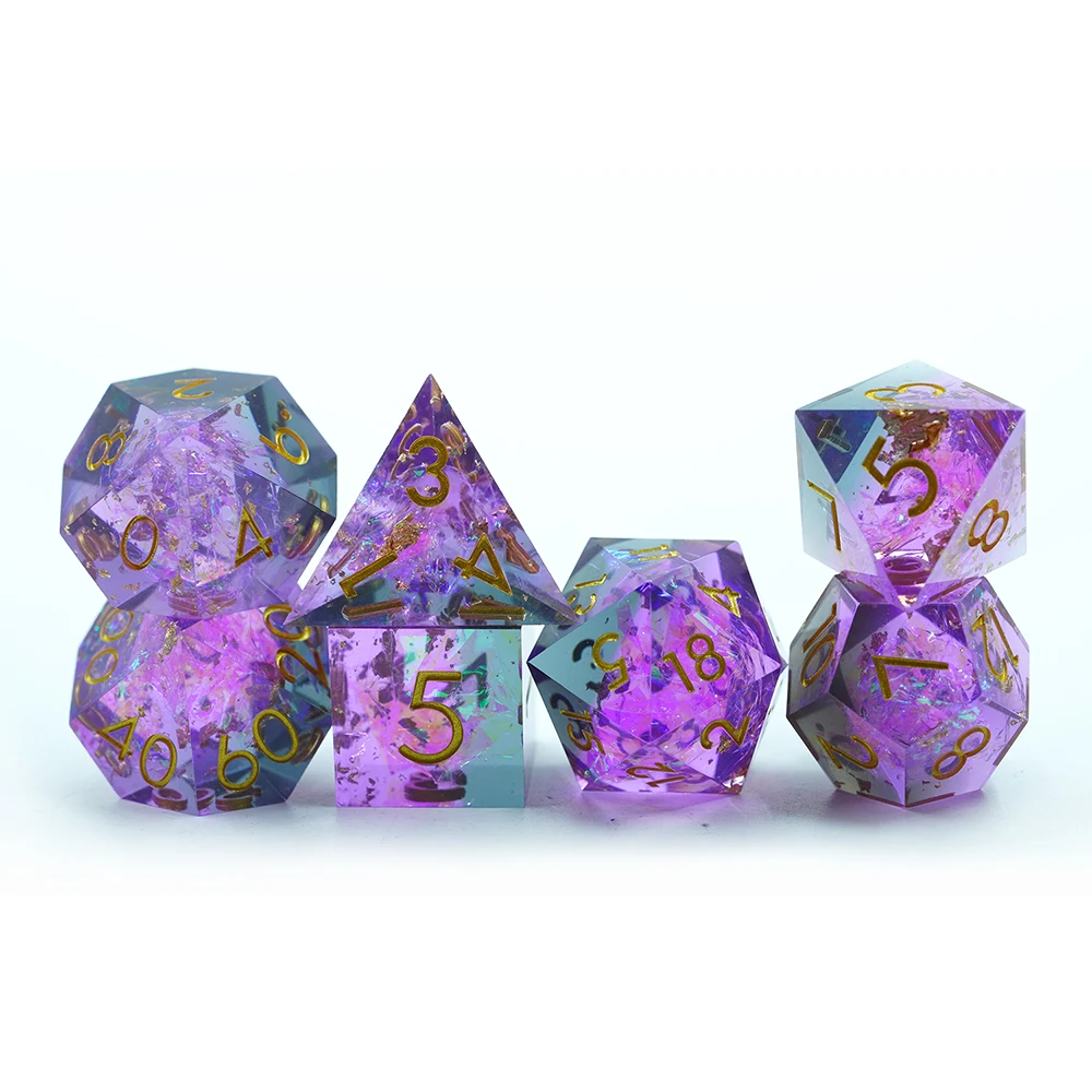 Yushun Custom Sparkle Colorful Polyhedral Resin Dice Set 7pcs Sharp DND Dice For TRPG Dragon and Dungeon Table Game D&D Dice