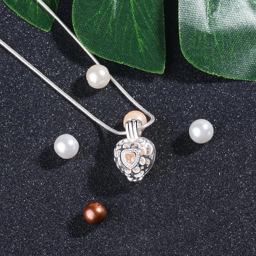 925 sterling silver heart oyster pearl beads holder cages locket pendant necklace