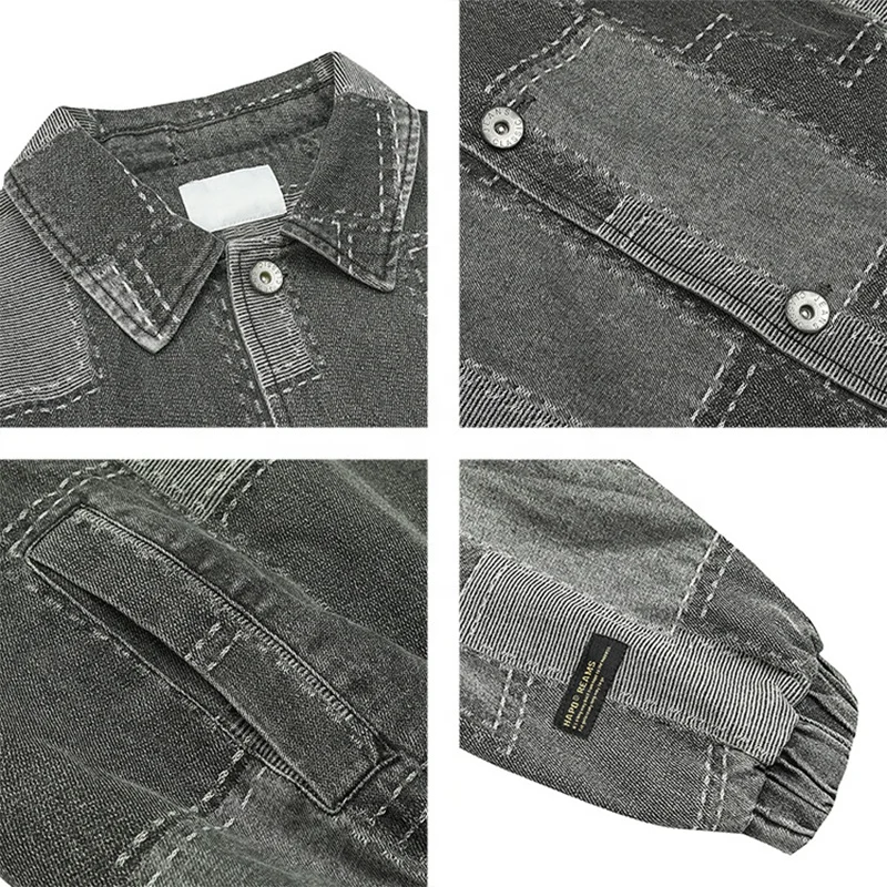 Wholesale High Quality Custom Logo Oversized Black Gray Abrasion Resistant Black Crop Mens Jean Jacket