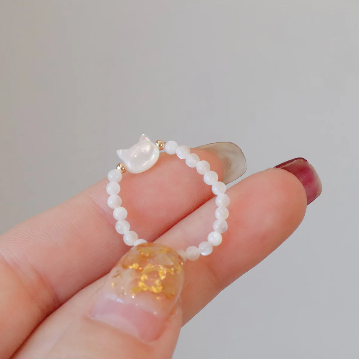 Cute Shell Cat Flower Ring Fashionable Shell Rice Beads Beaded  Elastic Ring 2024 New Jewelry Ring for Women