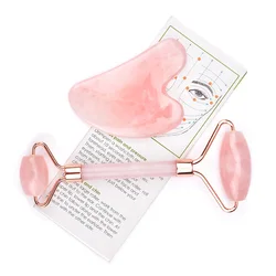 Fast Delivery 100%  Natural Rose Quartz Jade  Face Roller And Gua Sha Set With Box 2 in 1 Custom  Pink Jade Roller Gua Sha Set