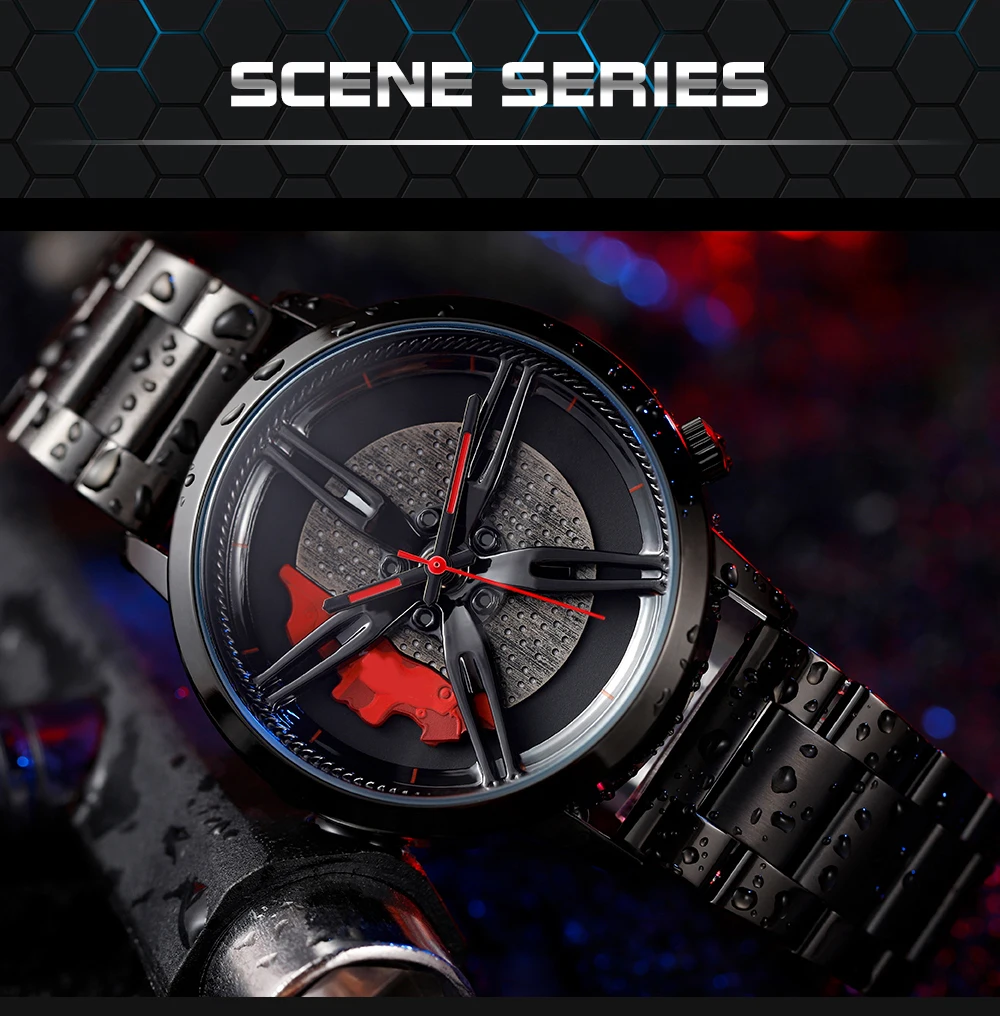 In Stock Spinning Real 3d Car Watch With Leather Strap Black Sport Rotate Flying Car Rim Wheeling Watch