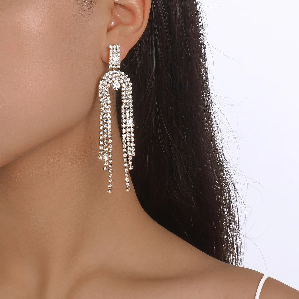 Online Shopping Designer Silver Jewelry Korean U-Shape Rhinestone Dangle Tassel Earrings Women Diamond Wholesale Trend 2022