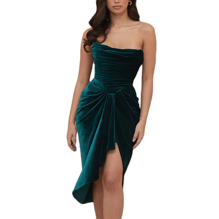 Barbarian sexy off shoulder velvet ruched ladies party prom dress women wholesale casual evening dresses