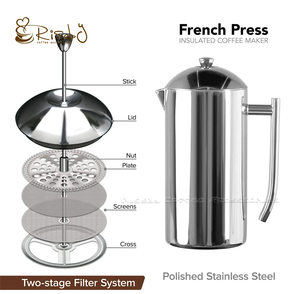 Double Wall 600ml Italy Coffee Maker Pot Manual Coffee Press Stainless Steel Espresso Tea Filter Kettle Coffee French Press