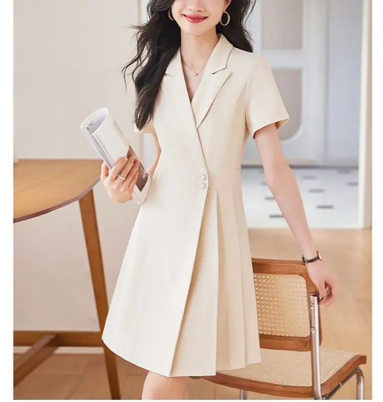 Women Office Suit Dress Solid Short Sleeve Pleated Trimmed Dress for Work Wholesale Plus Size Natural Woven Simple Midi Formal